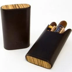 BrizardSunrise Black Leather And Zebrawood Flat Top Cigar Case - Made In USA